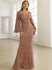 Robe de soirée élégante à sequins, manches longues, décolleté en V profond et coupe ajustée 
