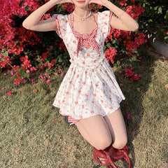 Robe à carreaux fleuris à manches volantes