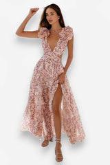 Robe midi fleurie à décolleté plongeant et volants
