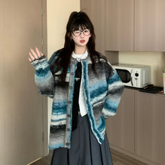 Cardigan oversize à rayures duveteuses et boutons