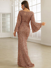 Robe de soirée élégante à sequins, manches longues, décolleté en V profond et coupe ajustée 