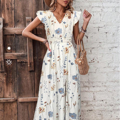 Robe imprimée fendue taille haute à col en V par The Ear