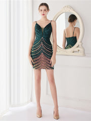 robe de soirée courte à perles dégradées ondulées 