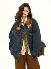 Veste en jean à écusson de course et col en velours côtelé