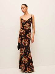 Robe longue imprimée à bretelles et manches courtes