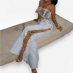 jean large à jambes droites et coutures latérales