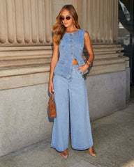 Ensemble gilet sans manches à boutons et jean à jambes larges