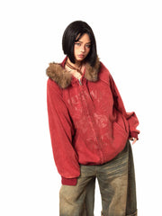 Veste vintage zippée à bordure en fourrure