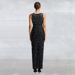Robe taille basse sans manches à col rond et strass 