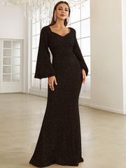 Robe de soirée élégante à sequins, manches longues, décolleté en V profond et coupe ajustée 