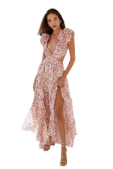 Robe midi fleurie à décolleté plongeant et volants