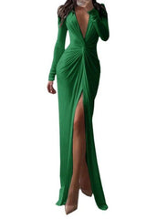 Robe moulante plissée sexy à fente en V et manches longues