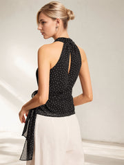 Débardeur sans manches à pois, col halter et taille nouée
