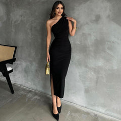 Robe midi asymétrique à une épaule et manches courtes HB75620 