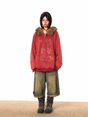 Veste vintage zippée à bordure en fourrure