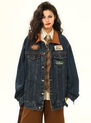 Veste en jean à écusson de course et col en velours côtelé
