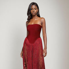 Robe rouge bustier à franges
