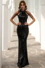 robe longue sirène moulante à sequins et franges