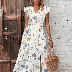 Robe imprimée fendue taille haute à col en V par The Ear