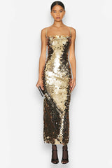 Robe longue dorée dos nu à paillettes et bustier