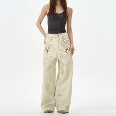 Pantalon large crème brodé