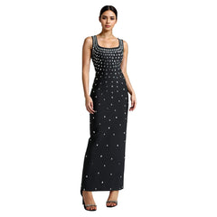 Robe taille basse sans manches à col rond et strass 