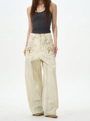 Pantalon large crème brodé