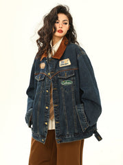 Veste en jean à écusson de course et col en velours côtelé