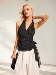 Débardeur sans manches à pois, col halter et taille nouée