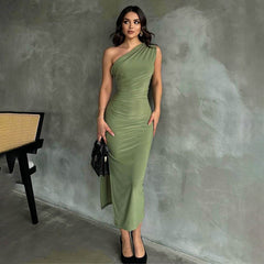 Robe midi asymétrique à une épaule et manches courtes HB75620 