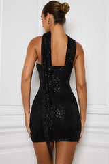 Robe de soirée élégante à bretelles et ceinture à sequins, épaules dénudées, bustier