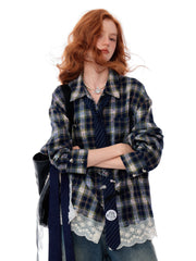 Chemise à carreaux boutonnée avec bordure en dentelle