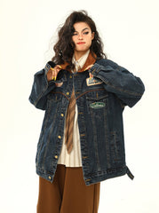 Veste en jean à écusson de course et col en velours côtelé