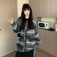 Cardigan oversize à rayures duveteuses et boutons