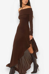 Robe longue cintrée à épaules dénudées et à volants irréguliers