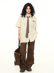 Chemise preppy rayée à manches courtes boutonnée