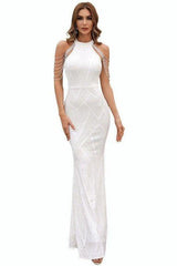 robe longue sirène moulante à sequins et franges