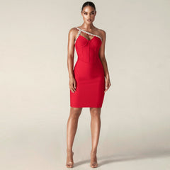 Robe bandage mini asymétrique à strass PH01214