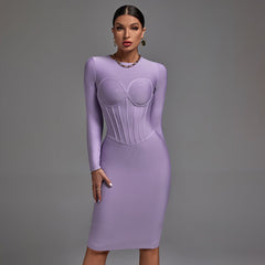 Robe bandage midi rayée à manches longues et col rond