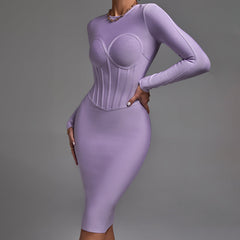 Robe bandage midi rayée à manches longues et col rond