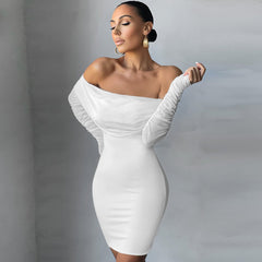 Robe bandage mini à manches longues et épaules dénudées à volants PP21827