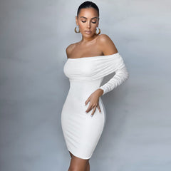 Robe bandage mini à manches longues et épaules dénudées à volants PP21827
