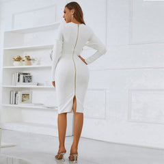 Robe bandage midi à col rond et manches longues, à volants, PZL3001