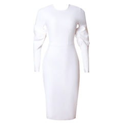 Robe bandage midi à col rond et manches longues, à volants, PZL3001