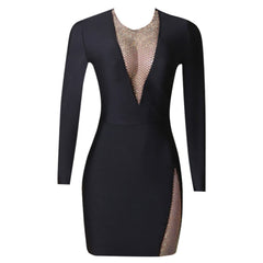 Robe bandage mini à manches longues et col rond ornée de strass PZL3002
