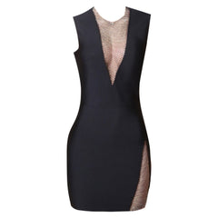 Robe bandage mini sans manches à col rond et strass PZL3004