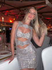Robe moulante mini à fleurs 3D en strass