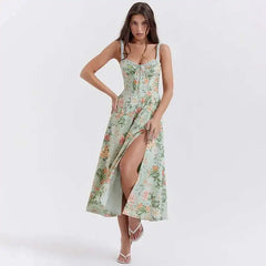 Robe midi imprimée à bretelles et fente trapèze