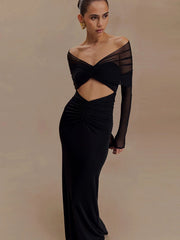 Robe de soirée maxi transparente à col bateau et fronces