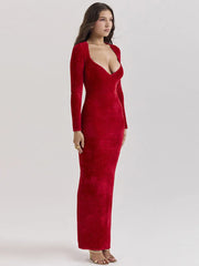 Robe moulante en velours à manches longues et col en V